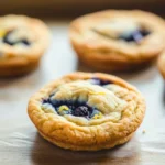 Blueberry lemon muffin top cookies - the image shows a row of freshly baked blueberry tarts on a wooden baking tray. the tarts are golden brown in color and have a crumbly texture. they are filled with blueberries and yellow zest, which are visible in the center of each tarts. the tray is lined with parchment paper, and the background is blurred, making the tarts the focal point of the image.