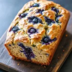 Blueberry zucchini bread - the image shows a freshly baked loaf of blueberry bread on a wooden cutting board. the bread has a golden brown crust and is topped with fresh blueberries. the blueberries are arranged in a circular pattern on top of the bread, with some overlapping each other. the cutting board is placed on a dark grey countertop. the background is blurred, making the bread the focal point of the image.