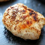 Boneless chicken breast air fryer - the image shows two pieces of grilled chicken breasts on a black slate plate. the chicken breasts are golden brown and appear to be seasoned with herbs and spices. the plate is placed on a dark grey surface, and there is a small amount of oil or seasoning on the surface. the background is blurred, but it appears to be a kitchen countertop.