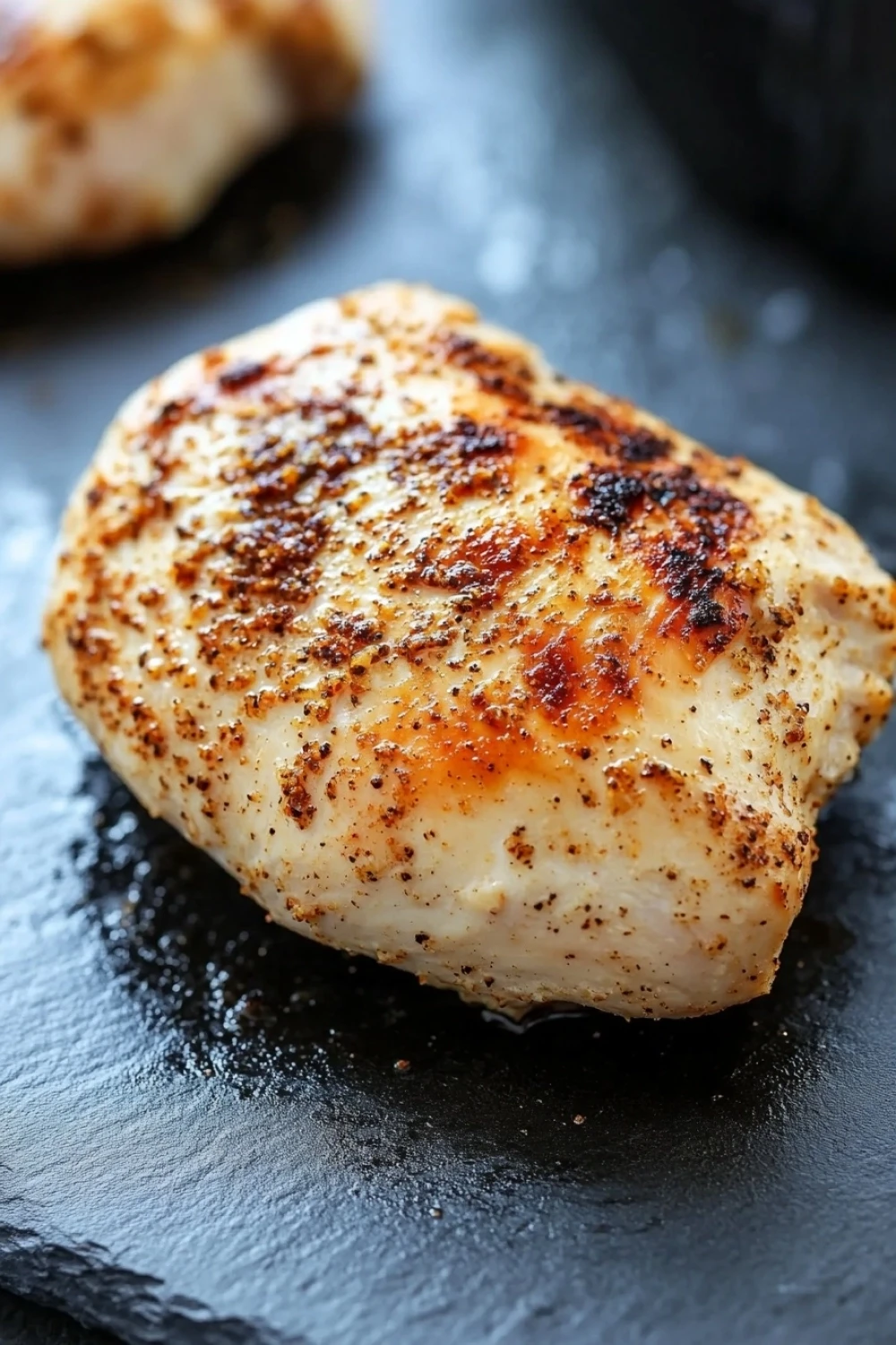 Boneless chicken breast air fryer - the image shows two pieces of grilled chicken breasts on a black slate plate. the chicken breasts are golden brown and appear to be seasoned with herbs and spices. the plate is placed on a dark grey surface, and there is a small amount of oil or seasoning on the surface. the background is blurred, but it appears to be a kitchen countertop.