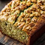 Bread zucchini - the image is of a freshly baked loaf of zucchini bread on a wooden cutting board. the bread is golden brown in color and has a crumbly texture. it is topped with chopped walnuts, giving it a crunchy appearance. the zucchinis are visible throughout the bread, adding a pop of green color to the dish. the background is blurred, but it appears to be a kitchen countertop with a bunch of fresh zucchi in the top left corner.