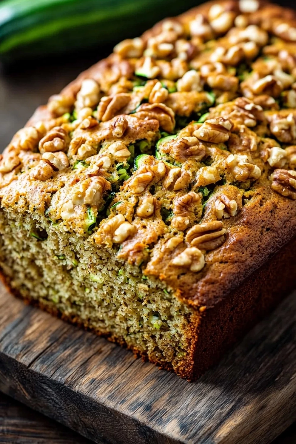 Bread zucchini - the image is of a freshly baked loaf of zucchini bread on a wooden cutting board. the bread is golden brown in color and has a crumbly texture. it is topped with chopped walnuts, giving it a crunchy appearance. the zucchinis are visible throughout the bread, adding a pop of green color to the dish. the background is blurred, but it appears to be a kitchen countertop with a bunch of fresh zucchi in the top left corner.