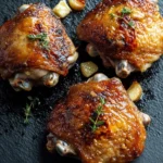 Cast iron skillet chicken - the image shows three pieces of roasted chicken on a black slate plate. the chicken is golden brown and appears to be seasoned with herbs and spices. there are also small pieces of garlic scattered around the plate, adding a pop of color to the dish. the plate is garnished with a sprig of thyme, giving it a fresh and appetizing appearance. the background is dark, making the chicken stand out even more.