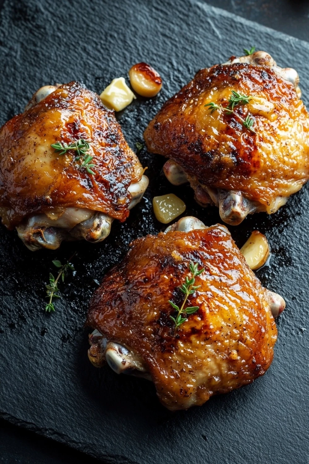 Cast iron skillet chicken - the image shows three pieces of roasted chicken on a black slate plate. the chicken is golden brown and appears to be seasoned with herbs and spices. there are also small pieces of garlic scattered around the plate, adding a pop of color to the dish. the plate is garnished with a sprig of thyme, giving it a fresh and appetizing appearance. the background is dark, making the chicken stand out even more.