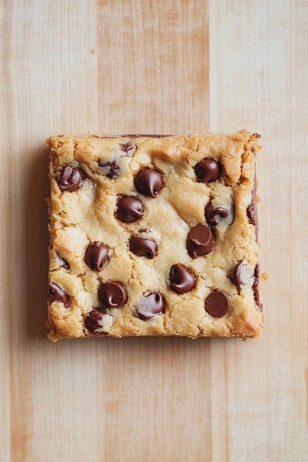 Chewy cake mix cookie bars - the image is a close-up of a square-shaped cookie bar on a wooden surface. the cookie bar is golden brown in color and has a crumbly texture. it is topped with chocolate chips, giving it a crunchy appearance. the chocolate chips are scattered across the top of the cookie bar, adding a pop of color to the dish. the background is a light beige color, which contrasts with the warm tones of the wood.