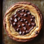 Chewy chocolate chip cookie cake - the image shows a round chocolate chip cookie on a baking tray. the cookie appears to be freshly baked and has a golden brown crust on top. it is covered in a thick layer of chocolate chips, which are arranged in a circular pattern around the edges of the cookie. the chocolate chips are evenly distributed throughout the cookie, creating a smooth and shiny surface. the tray is lined with parchment paper, and there is a small piece of chocolate on the right side of the image. the background is a wooden table.