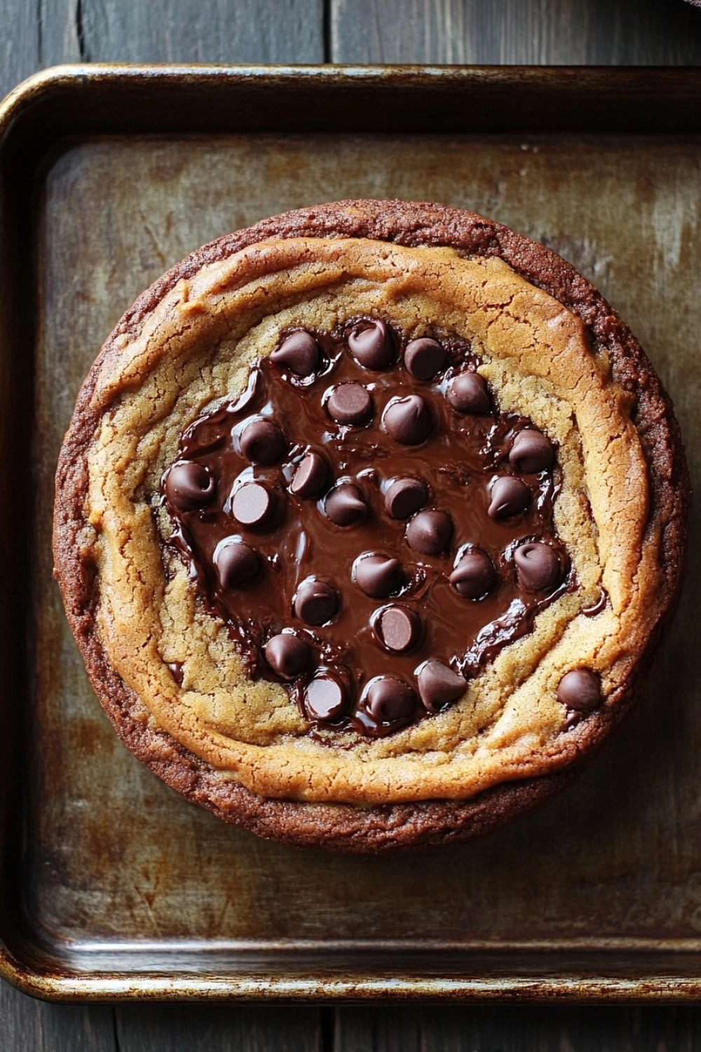Chewy chocolate chip cookie cake - the image shows a round chocolate chip cookie on a baking tray. the cookie appears to be freshly baked and has a golden brown crust on top. it is covered in a thick layer of chocolate chips, which are arranged in a circular pattern around the edges of the cookie. the chocolate chips are evenly distributed throughout the cookie, creating a smooth and shiny surface. the tray is lined with parchment paper, and there is a small piece of chocolate on the right side of the image. the background is a wooden table.