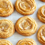 Chewy cookie butter cookies - the image shows a tray of freshly baked cinnamon rolls on a baking sheet. the rolls are golden brown in color and have a swirl pattern on top. they are dusted with a light dusting of powdered sugar, giving them a shiny appearance. the tray is lined with parchment paper, and the rolls are arranged in a neat row. the background is blurred, but it appears to be a kitchen countertop.