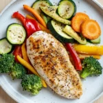 Chicken breast and veggie dinner - the image shows a plate of food with a piece of grilled chicken on it. the chicken is golden brown and appears to be seasoned with herbs and spices. the plate is white with a speckled pattern and is placed on a wooden table. on the plate, there are various vegetables such as zucchini, red bell peppers, yellow bell peppers and orange carrots. there are also some broccoli florets scattered around the plate. the vegetables are arranged in a colorful and appetizing manner.