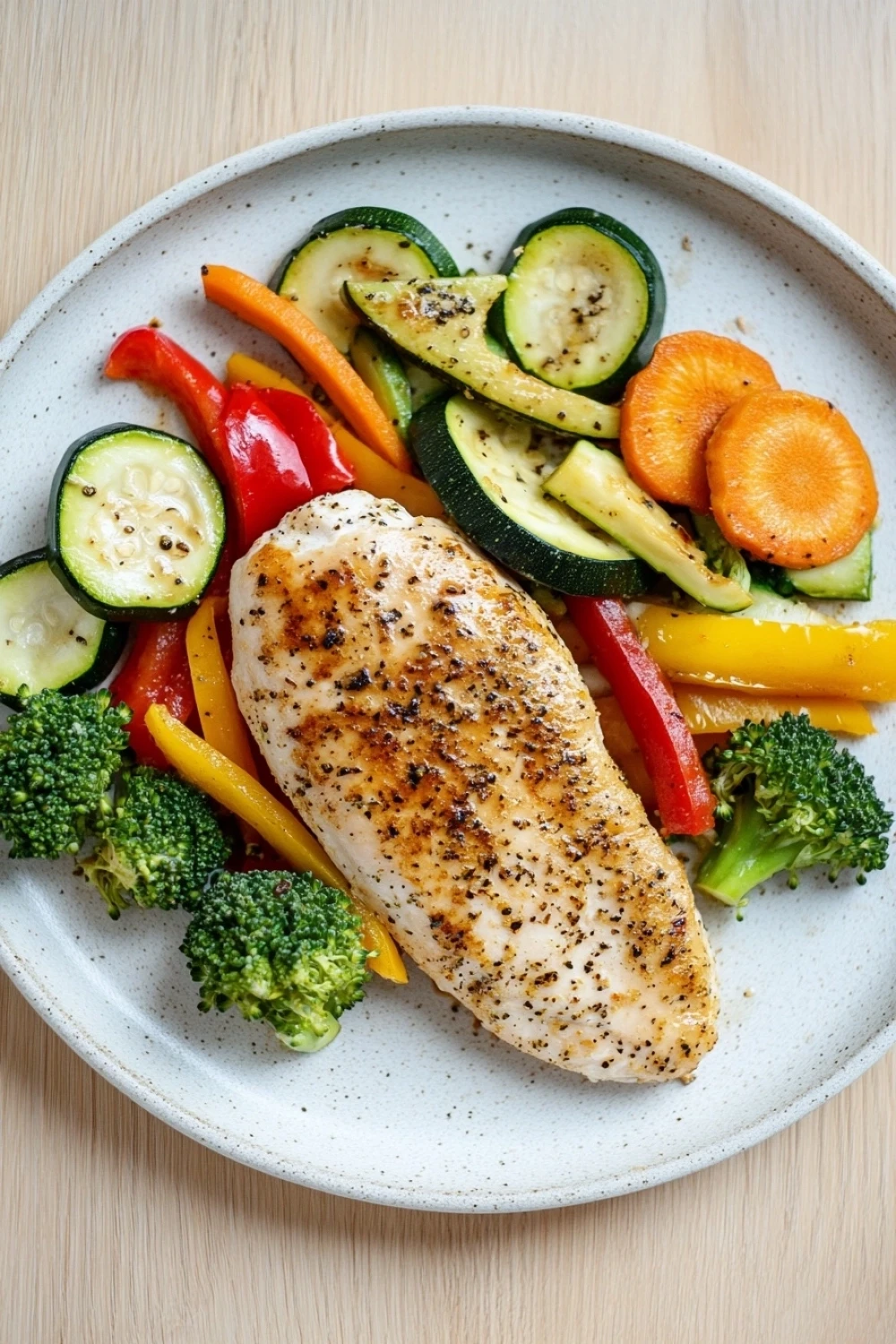 Chicken breast and veggie dinner - the image shows a plate of food with a piece of grilled chicken on it. the chicken is golden brown and appears to be seasoned with herbs and spices. the plate is white with a speckled pattern and is placed on a wooden table. on the plate, there are various vegetables such as zucchini, red bell peppers, yellow bell peppers and orange carrots. there are also some broccoli florets scattered around the plate. the vegetables are arranged in a colorful and appetizing manner.