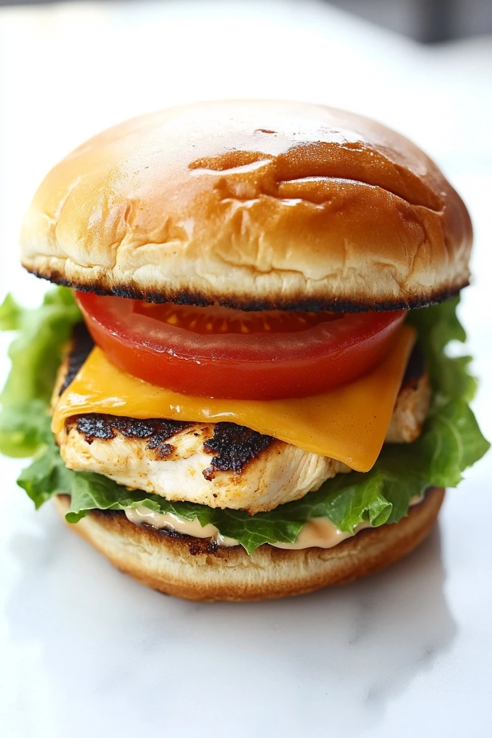 Chicken breast burgers - the image is of a burger on a white marble countertop. the burger is made with a toasted bun and is topped with a generous helping of melted cheese, a slice of tomato, and a bed of lettuce. the cheese is a bright yellow color and appears to be melted and oozing out of the sides. the tomato is a deep red color and is placed on top of the cheese. the lettuce is a light green color and looks fresh and wilted. the background is blurred, making the burger the focal point of the image.
