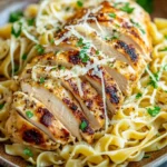 Chicken breast dinner noodles - the image shows a plate of fettuccine alfredo pasta with grilled chicken. the pasta is cooked al dente and is topped with grated parmesan cheese. the chicken is cooked to a golden brown color and appears to be seasoned with herbs and spices. the dish is garnished with fresh parsley, adding a pop of green color to the dish. the plate is sitting on a dark grey countertop with a few sprigs of parsley scattered around.
