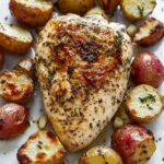 Chicken breast dinner potatoes - the image shows a piece of grilled chicken breast on a white parchment paper. the chicken breast is golden brown and appears to be seasoned with herbs and spices. surrounding the chicken breast are roasted potatoes of different sizes and colors, including red, yellow, and brown. the potatoes are arranged in a scattered manner, with some overlapping each other. there are also some sprigs of thyme scattered around the plate. the overall presentation of the dish is appetizing and visually appealing.