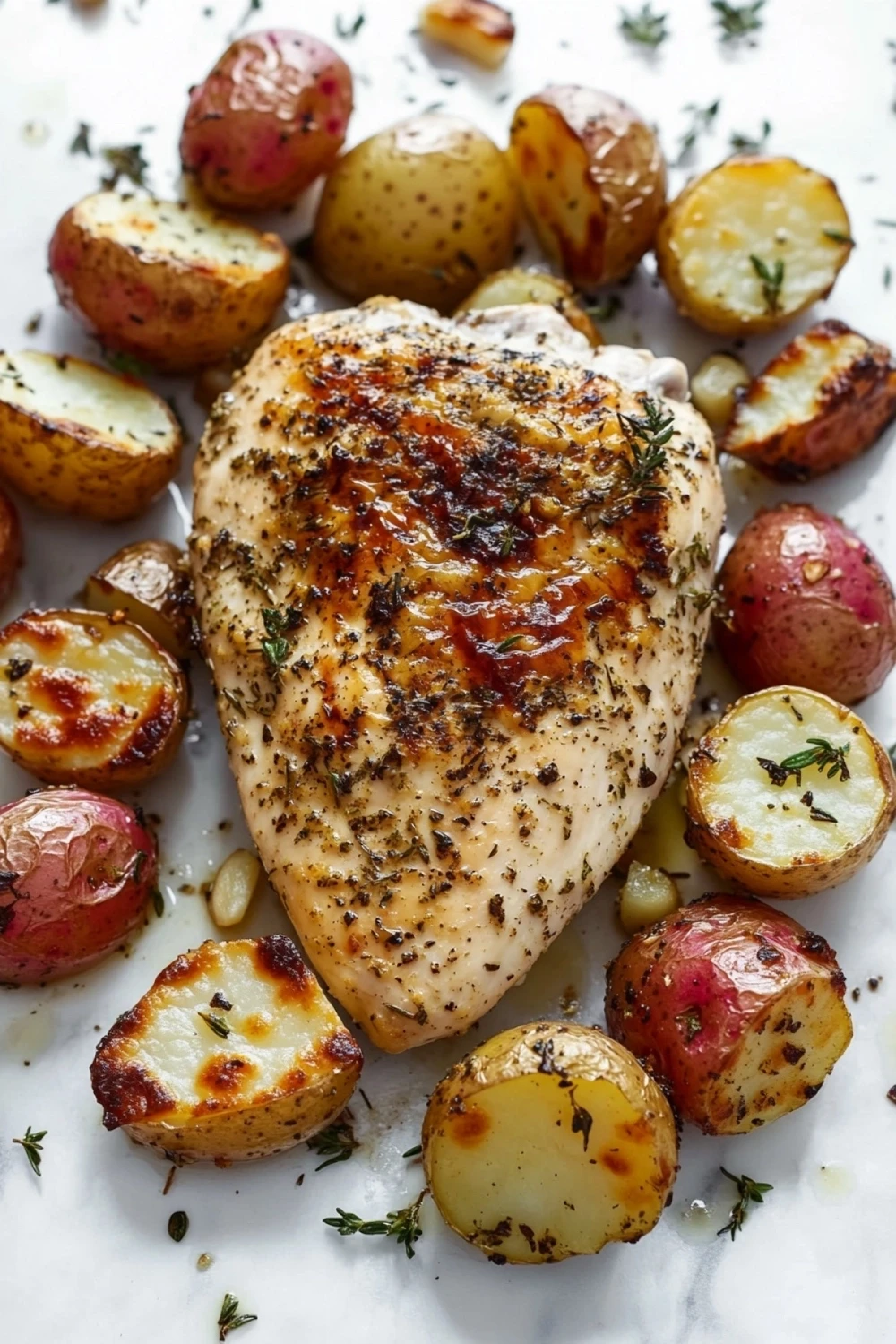 Chicken breast dinner potatoes - the image shows a piece of grilled chicken breast on a white parchment paper. the chicken breast is golden brown and appears to be seasoned with herbs and spices. surrounding the chicken breast are roasted potatoes of different sizes and colors, including red, yellow, and brown. the potatoes are arranged in a scattered manner, with some overlapping each other. there are also some sprigs of thyme scattered around the plate. the overall presentation of the dish is appetizing and visually appealing.