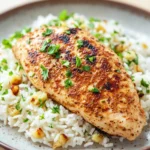 Chicken breast dinner with rice - the image shows a plate of food with a piece of grilled chicken on top of a bed of white rice. the chicken is golden brown and appears to be seasoned with herbs and spices. the rice is fluffy and white, and there are small pieces of corn scattered throughout the dish. the plate is a light brown color and is sitting on a wooden table. the background is blurred, but it seems to be a kitchen countertop.