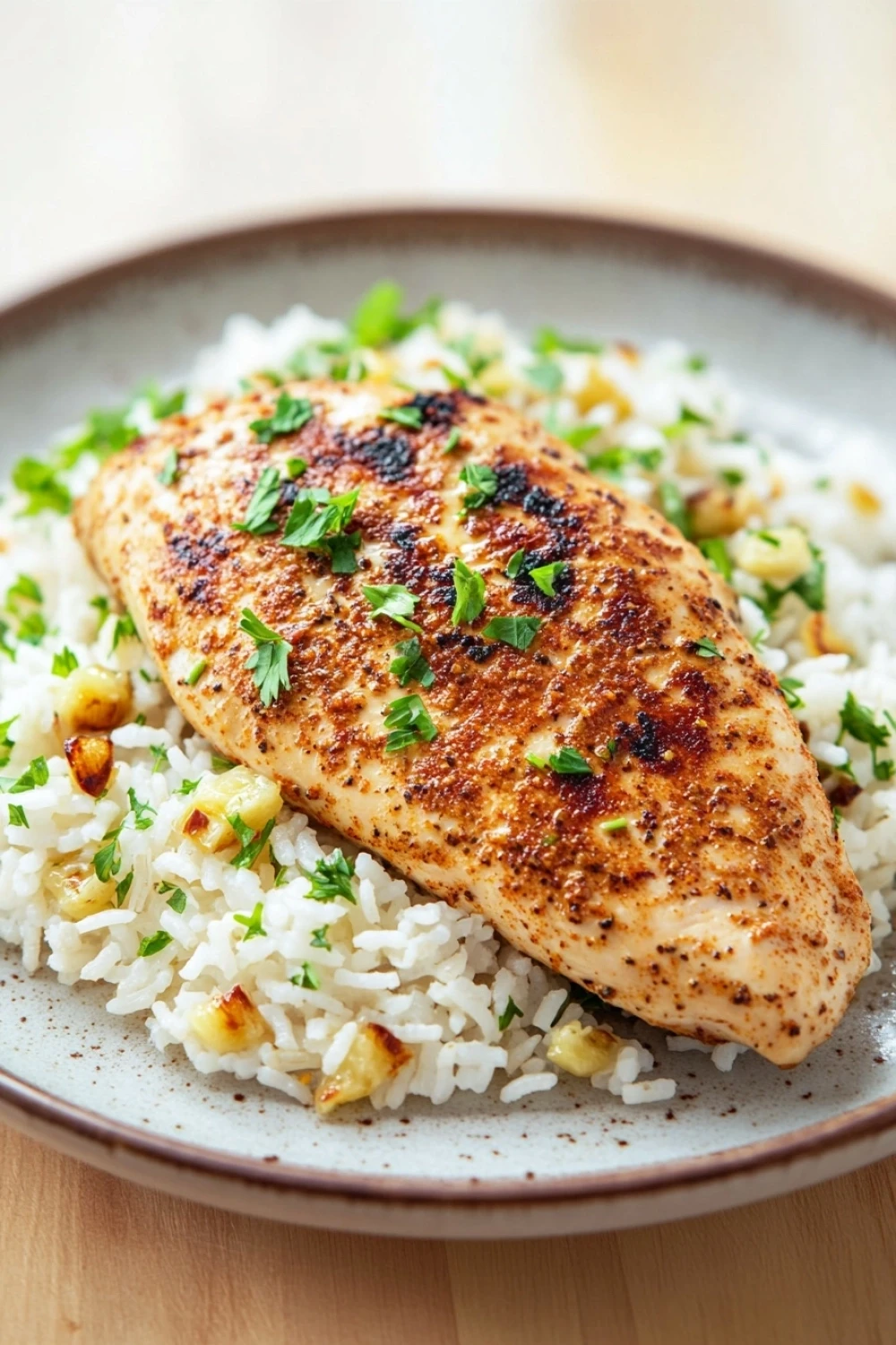 Chicken breast dinner with rice - the image shows a plate of food with a piece of grilled chicken on top of a bed of white rice. the chicken is golden brown and appears to be seasoned with herbs and spices. the rice is fluffy and white, and there are small pieces of corn scattered throughout the dish. the plate is a light brown color and is sitting on a wooden table. the background is blurred, but it seems to be a kitchen countertop.