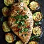 Chicken breast with zucchini - the image shows a large piece of grilled chicken breast on a wooden cutting board. the chicken is golden brown and appears to be seasoned with herbs and spices. around the chicken, there are several small zucchini slices arranged in a circular pattern. the zucchinis are cut into thin slices and are garnished with fresh parsley. the cutting board is dark and has a rustic feel to it.