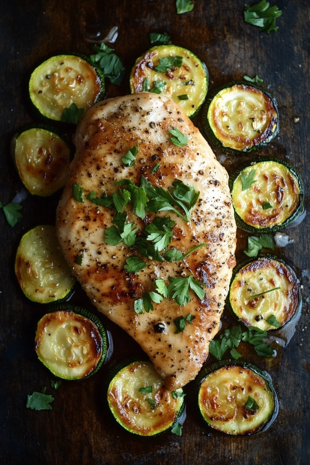 Chicken breast with zucchini - the image shows a large piece of grilled chicken breast on a wooden cutting board. the chicken is golden brown and appears to be seasoned with herbs and spices. around the chicken, there are several small zucchini slices arranged in a circular pattern. the zucchinis are cut into thin slices and are garnished with fresh parsley. the cutting board is dark and has a rustic feel to it.
