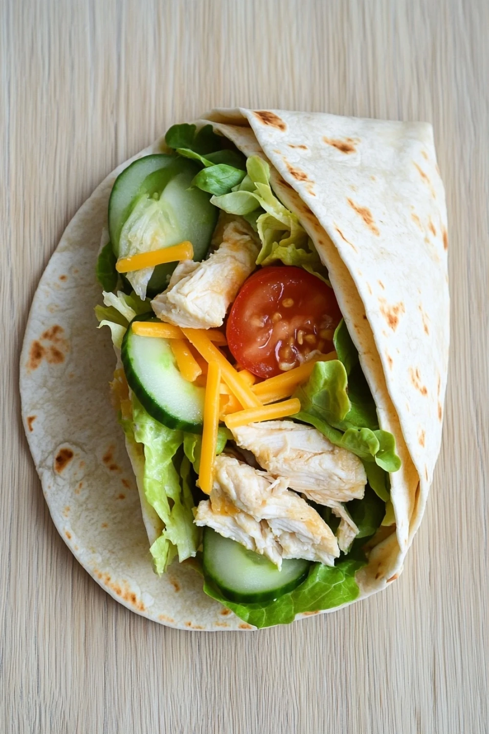 Chicken breast wraps - the image shows a wrap on a wooden table. the wrap is made of tortilla and is filled with a variety of ingredients. on top of the wrap, there are shredded chicken, sliced cucumbers, sliced tomatoes, and shredded cheese. the chicken appears to be seasoned with herbs and spices, and the vegetables are arranged in a colorful and appetizing manner.