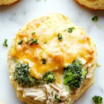 Chicken broccoli casserole biscuits - the image shows a close-up of a round, golden-brown biscuit with a layer of melted cheese on top. the cheese is melted and bubbly, and there are small pieces of broccoli scattered around the biscuit. the biscuit appears to be freshly baked and is sitting on a white marble surface. there are a few more biscuit rolls visible in the background, but they are slightly blurred. the overall color scheme of the image is warm and inviting.