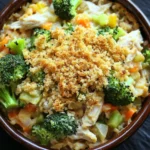 Chicken broccoli casserole non dairy - the image is a close-up of a bowl of food. the bowl is made of ceramic and has a dark brown color. the food appears to be a stir-fry dish with shredded chicken, broccoli, carrots, and other vegetables mixed in. the chicken is golden brown and looks crispy on the outside. the broccoli is bright green and looks fresh and vibrant. the carrots are orange and appear to be seasoned with herbs and spices. the dish is garnished with a sprinkle of breadcrumbs. the background is dark, making the colors of the food stand out.