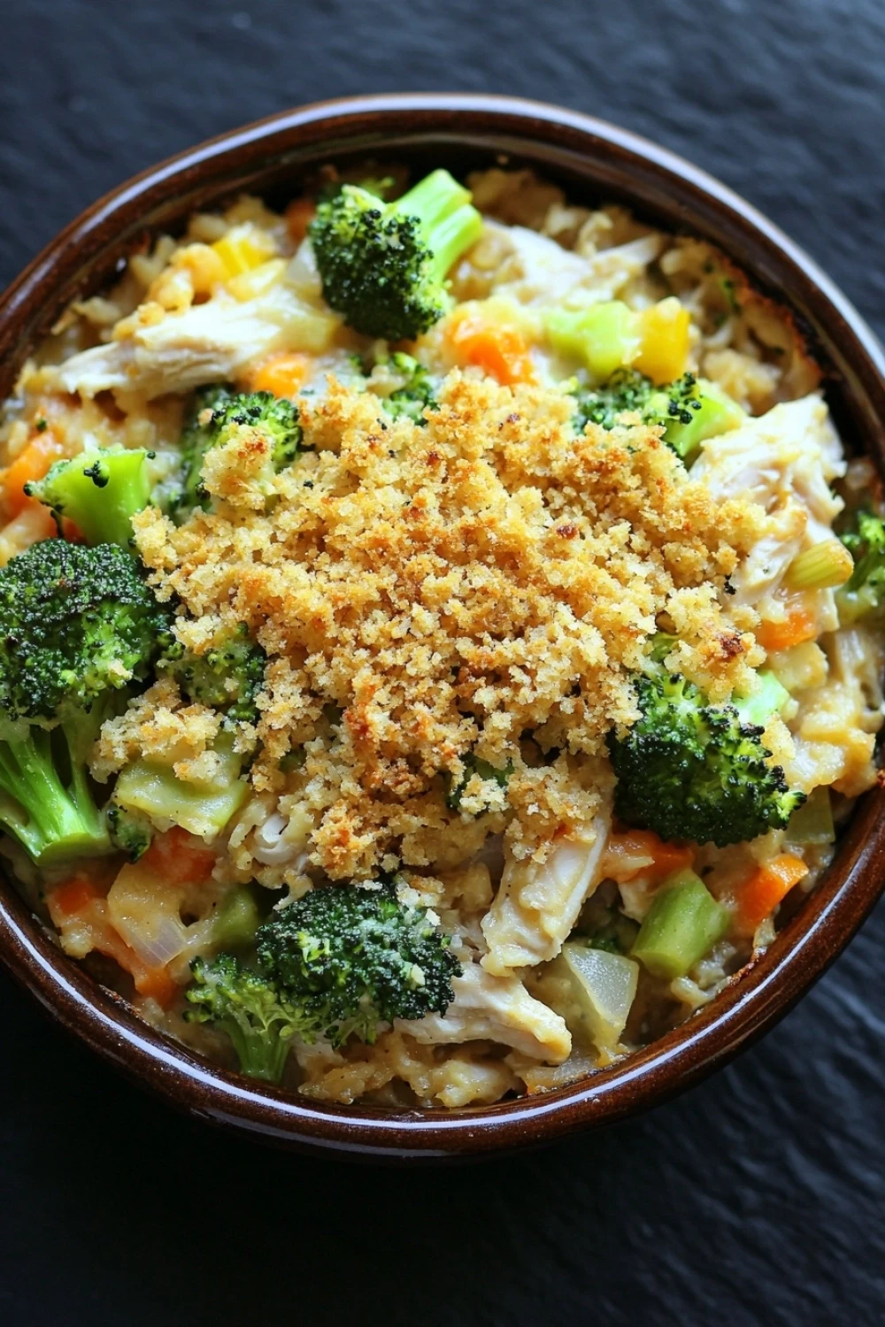 Chicken broccoli casserole non dairy - the image is a close-up of a bowl of food. the bowl is made of ceramic and has a dark brown color. the food appears to be a stir-fry dish with shredded chicken, broccoli, carrots, and other vegetables mixed in. the chicken is golden brown and looks crispy on the outside. the broccoli is bright green and looks fresh and vibrant. the carrots are orange and appear to be seasoned with herbs and spices. the dish is garnished with a sprinkle of breadcrumbs. the background is dark, making the colors of the food stand out.