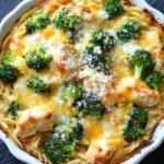 Chicken broccoli casserole with orzo - the image is of a casserole dish filled with a creamy pasta dish. the dish appears to be made with broccoli and cheese, and it is topped with grated parmesan cheese. the pasta is long and thin, and the dish is sitting on a black countertop. the broccoli is bright green and looks fresh and healthy. the cheese is melted and bubbly, and there are small pieces of broccoli scattered throughout the dish.