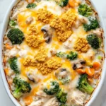 Chicken casserole for a crowd - the image is of a casserole dish filled with a creamy, cheesy dish. the dish appears to be made with chicken, broccoli, carrots, and other vegetables, and is topped with a layer of melted cheese. the cheese is golden brown and bubbly, and there are small pieces of breadcrumbs scattered throughout the dish, giving it a crunchy texture. the casserolle is white and is sitting on a white marble countertop.