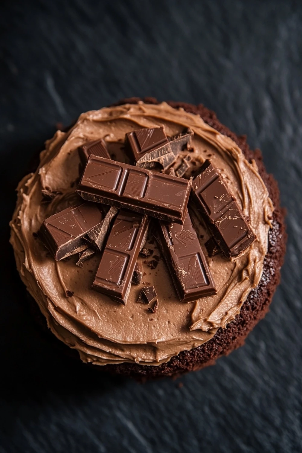 Chocolate cake kitkat - the image is a close-up of a chocolate cake with a layer of chocolate frosting on top. the frosting is a rich, dark brown color and appears to be smooth and creamy. on top of the frosting, there are several small pieces of chocolate arranged in a random pattern. the chocolate bars are dark brown and appear to be freshly made. the cake is placed on a dark, textured surface, possibly a table or countertop. the overall mood of the image is decadent and indulgent.