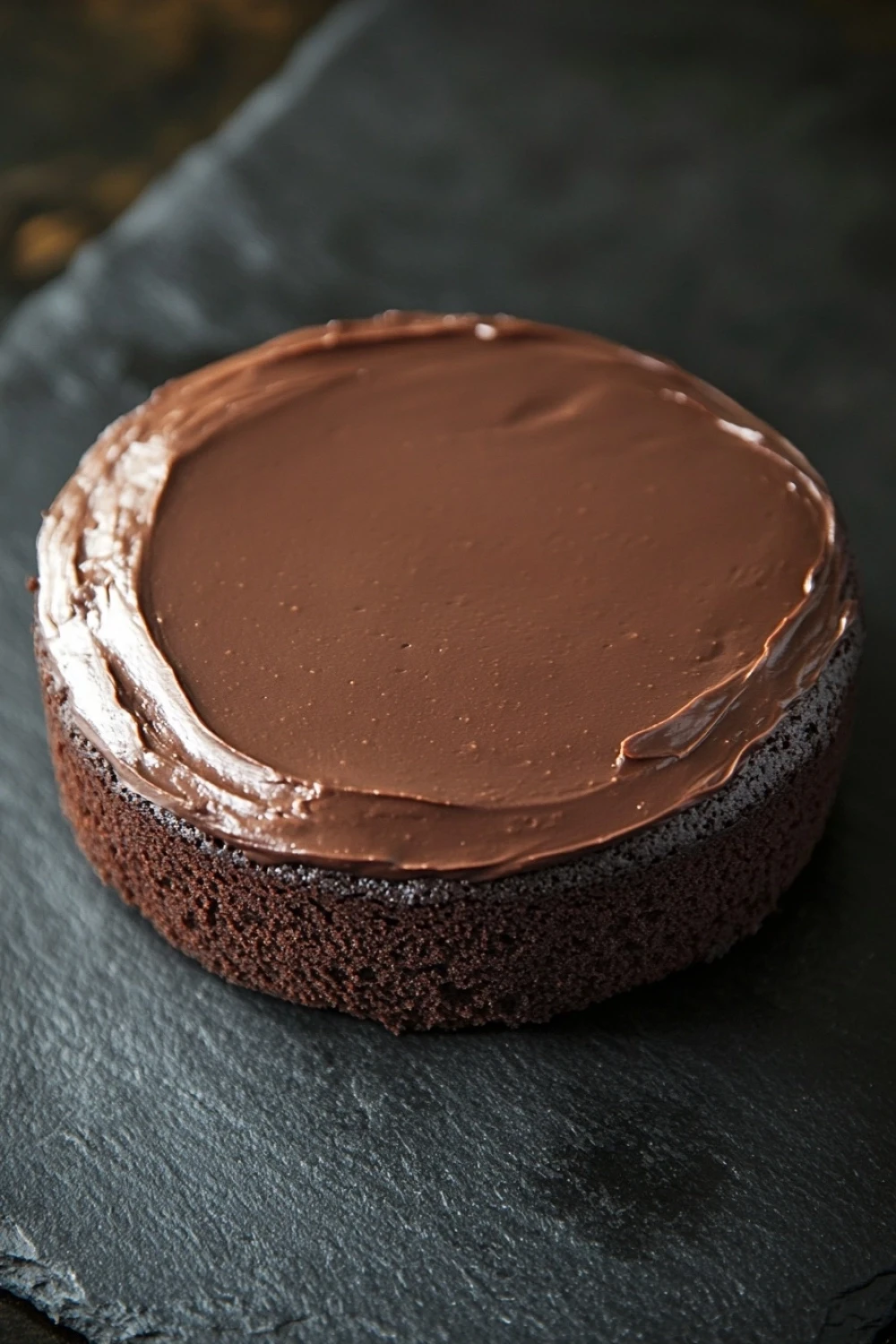 Chocolate cake low sugar - the image is a close-up of a round chocolate cake on a black slate plate. the cake appears to be freshly baked and has a smooth, glossy surface. the top of the cake is covered in a thick layer of chocolate frosting, which is spread evenly across the cake. the frosting is a rich, dark brown color and looks smooth and shiny. the plate is placed on a dark, textured surface, and the background is blurred, making the cake the focal point of the image.