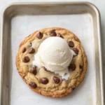 Chocolate chip cookie and ice cream - the image shows a freshly baked chocolate chip cookie on a baking tray. the cookie is golden brown and has chocolate chips scattered throughout. on top of the cookie, there is a scoop of vanilla ice cream. the tray is lined with parchment paper. the background is a white marble countertop.