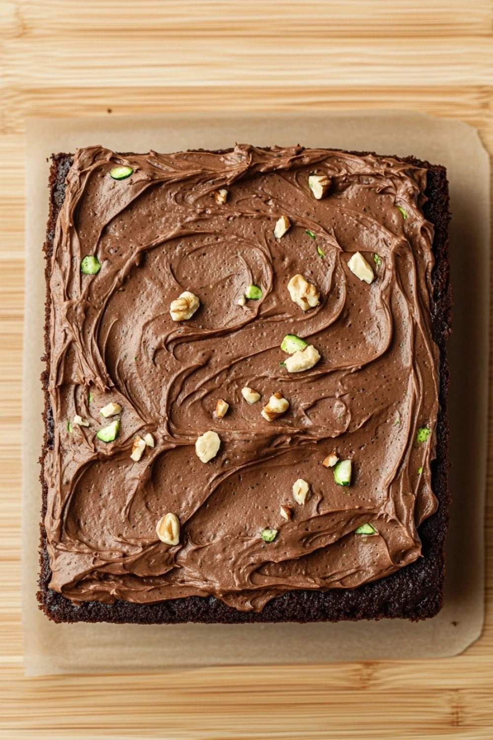 Chocolate zucchini sheet cake - the image is of a square-shaped chocolate cake on a wooden surface. the cake appears to be freshly baked and has a rich, dark brown color. the top of the cake is covered in a thick layer of chocolate frosting, which is swirled in a swirl pattern. the frosting is drizzled over the cake, creating a smooth and glossy texture. there are also small pieces of chopped nuts scattered throughout the frosting. the tray is lined with parchment paper, and the cake looks moist and fluffy.