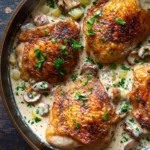 Creamy mushroom chicken thighs skillet - the image shows a pan of cooked chicken breasts in a creamy sauce. the chicken breasts are golden brown and appear to be seasoned with herbs and spices. the sauce is a light yellow color and is drizzled over the top of the chicken breasts. there are also small pieces of mushrooms and celery scattered throughout the dish. the pan is sitting on a wooden table with a rustic background.
