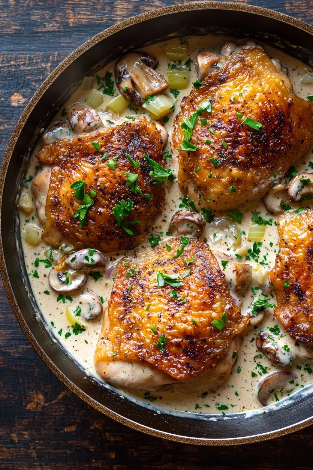 Creamy mushroom chicken thighs skillet - the image shows a pan of cooked chicken breasts in a creamy sauce. the chicken breasts are golden brown and appear to be seasoned with herbs and spices. the sauce is a light yellow color and is drizzled over the top of the chicken breasts. there are also small pieces of mushrooms and celery scattered throughout the dish. the pan is sitting on a wooden table with a rustic background.
