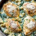 Creamy spinach artichoke chicken skillet eating well - the image shows a pan of cooked chicken breasts in a creamy sauce. the chicken breasts are golden brown and appear to be seasoned with herbs and spices. the sauce is a light green color and is drizzled over the top of the chicken breasts. there are also small pieces of artichokes scattered throughout the dish. the pan is black and has a handle on one side. the background is a wooden table.
