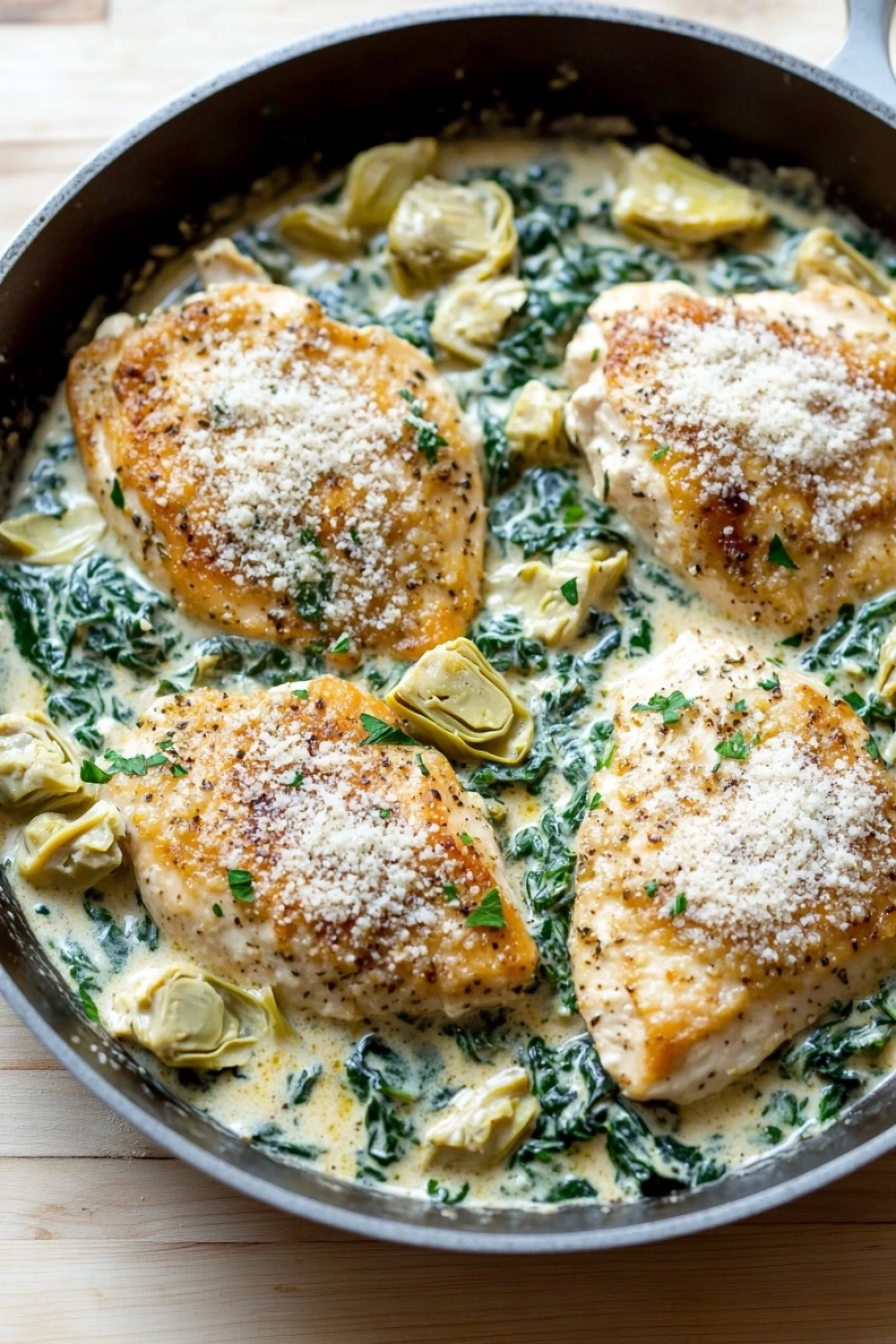 Creamy spinach artichoke chicken skillet eating well - the image shows a pan of cooked chicken breasts in a creamy sauce. the chicken breasts are golden brown and appear to be seasoned with herbs and spices. the sauce is a light green color and is drizzled over the top of the chicken breasts. there are also small pieces of artichokes scattered throughout the dish. the pan is black and has a handle on one side. the background is a wooden table.
