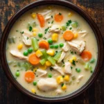 Crock pot chicken pot pie soup - the image is a close-up of a bowl of soup on a wooden table. the soup appears to be a creamy white color with chunks of chicken, carrots, corn, and green onions mixed in. the bowl is made of dark brown ceramic and is garnished with chopped parsley. there are a few sprigs of parsley scattered around the bowl. the background is dark and out of focus, making the soup the focal point of the image.