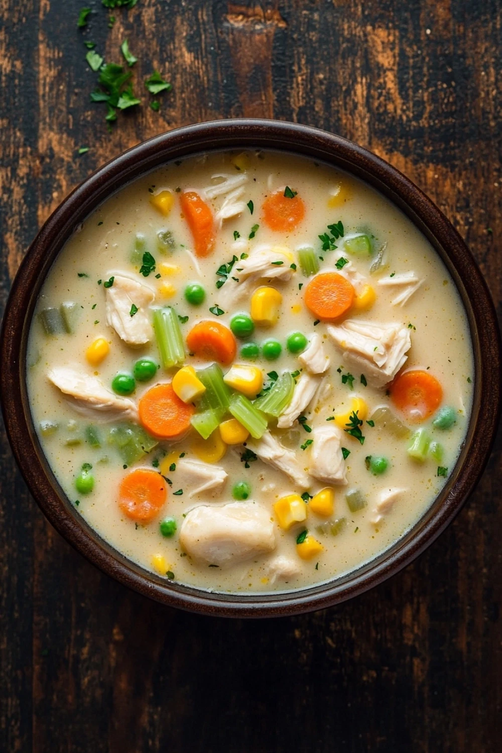 Crock pot chicken pot pie soup - the image is a close-up of a bowl of soup on a wooden table. the soup appears to be a creamy white color with chunks of chicken, carrots, corn, and green onions mixed in. the bowl is made of dark brown ceramic and is garnished with chopped parsley. there are a few sprigs of parsley scattered around the bowl. the background is dark and out of focus, making the soup the focal point of the image.