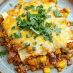 Crockpot ground beef enchilada casserole - the image shows a plate of enchiladas on a wooden table. the plate is light blue with a speckled pattern and is garnished with fresh cilantro. the enchillas are golden brown and appear to be made with ground beef, corn kernels, and red onions. they are arranged in a pile on top of each other and are covered in melted cheese. there are also a few sprigs of cilantro scattered around the plate. the background is blurred, but it appears to be a kitchen countertop.