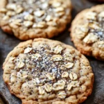 Everything oatmeal cookie - the image shows a baking tray lined with freshly baked cookies. the cookies are round and golden brown in color, with visible chunks of nuts and seeds scattered throughout. the tray is lined with parchment paper, and the cookies are arranged in a neat row. the background is blurred, but it appears to be a wooden table or countertop.