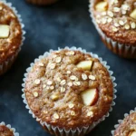 Flourless apple muffin - the image shows a group of freshly baked muffins on a dark grey surface. the muffins are golden brown in color and have a crumbly texture. they are topped with chopped almonds and a slice of apple, giving them a crunchy appearance. there are six muffins in total, arranged in a row, with the largest muffin in the foreground and the others scattered around it. the background is blurred, making the muffins the focal point of the image.