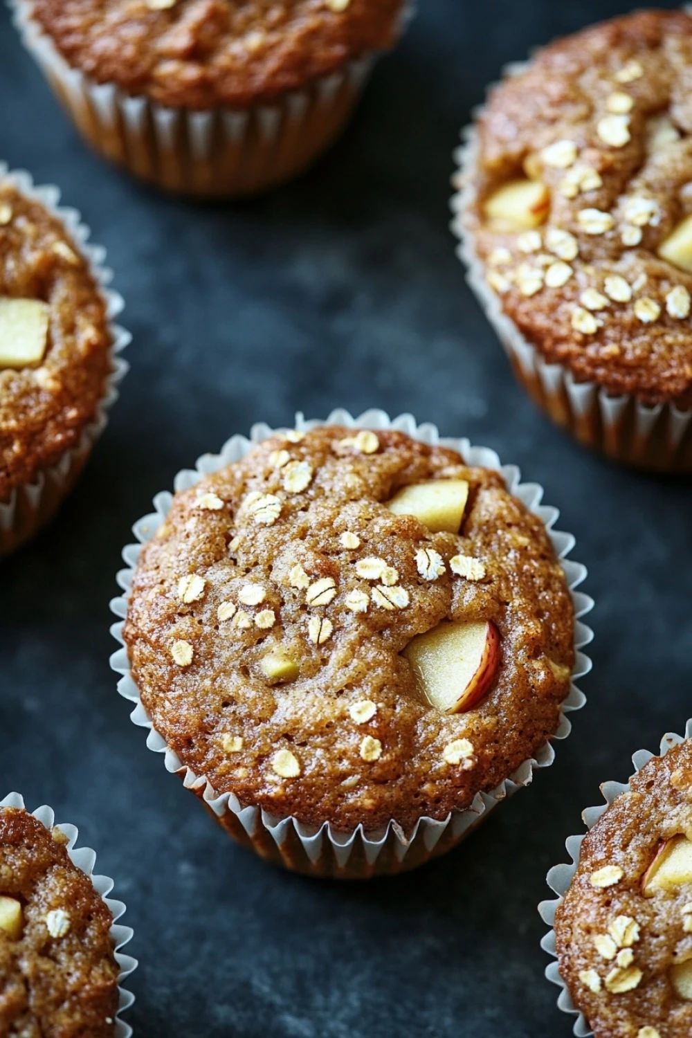 Flourless apple muffin - the image shows a group of freshly baked muffins on a dark grey surface. the muffins are golden brown in color and have a crumbly texture. they are topped with chopped almonds and a slice of apple, giving them a crunchy appearance. there are six muffins in total, arranged in a row, with the largest muffin in the foreground and the others scattered around it. the background is blurred, making the muffins the focal point of the image.