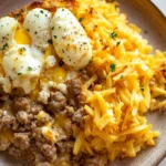 Freezer breakfast casserole hashbrown - the image is a close-up of a plate of food. the plate is made of ceramic and has a brown rim. on top of the plate, there is a serving of scrambled eggs with a poached egg on top. the eggs are cooked sunny-side up and have a runny yolk. the scrambled eggs are yellow and appear to be seasoned with herbs and spices. the dish is served on a white wooden table with a blue and white striped napkin in the background.
