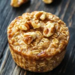 Freezer breakfast oatmeal cups - the image is a close-up of a round, golden-brown muffin on a dark wooden surface. the muffin appears to be freshly baked and has a crumbly texture. on top of the muffin, there are several walnuts scattered around it, giving it a crunchy appearance. the walnuts are arranged in a scattered manner, with some overlapping each other. the background is blurred, making the focus of the image the muffins the focal point.