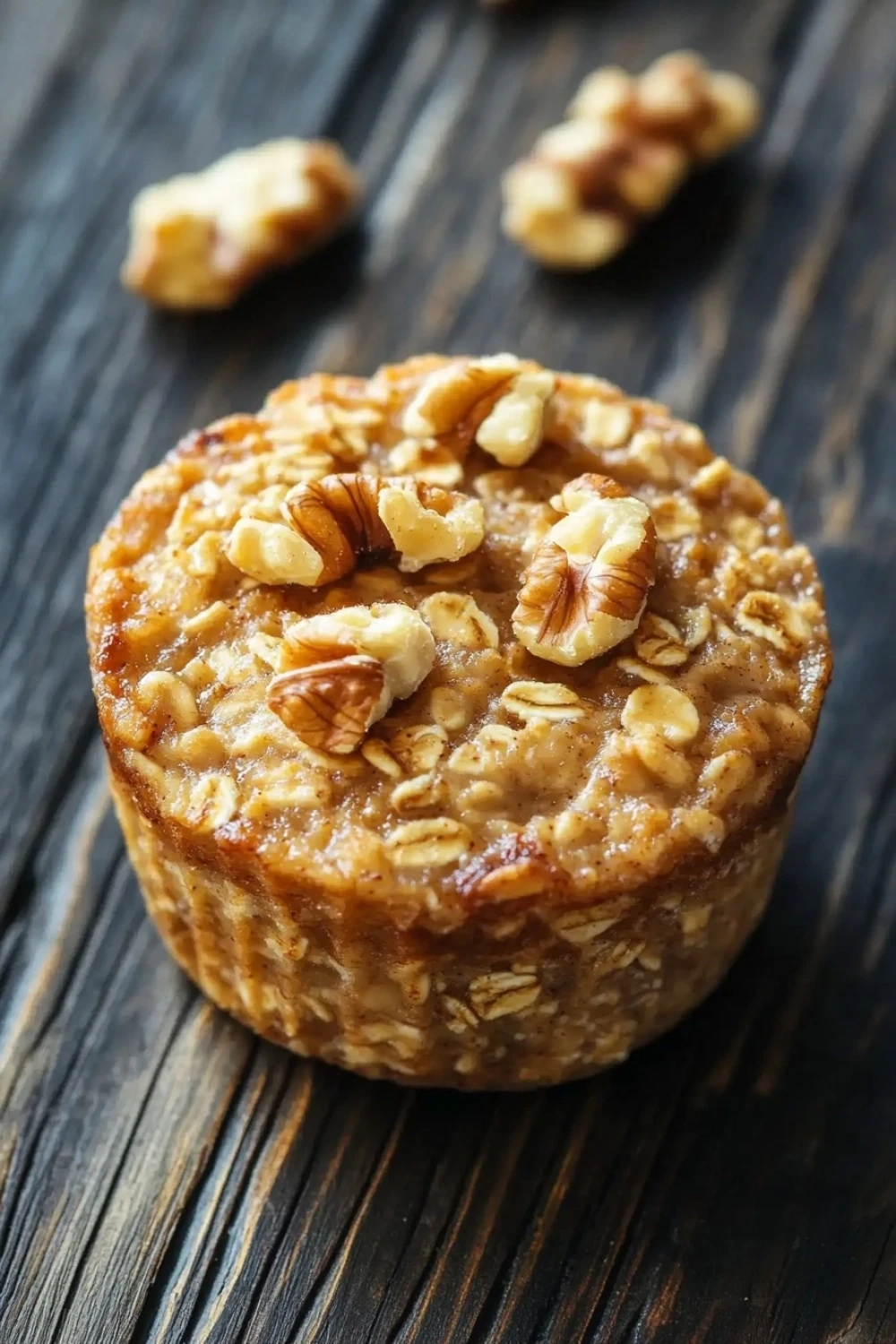 Freezer breakfast oatmeal cups - the image is a close-up of a round, golden-brown muffin on a dark wooden surface. the muffin appears to be freshly baked and has a crumbly texture. on top of the muffin, there are several walnuts scattered around it, giving it a crunchy appearance. the walnuts are arranged in a scattered manner, with some overlapping each other. the background is blurred, making the focus of the image the muffins the focal point.
