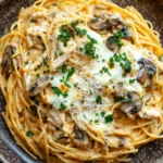 Freezer chicken tetrazzini - the image is a close-up of a plate of spaghetti dish. the spaghetti is cooked al dente and is covered in a creamy sauce with chunks of chicken and mushrooms. the sauce is drizzled over the top with a sprinkle of parmesan cheese. the dish is garnished with fresh parsley. the plate is sitting on a wooden table with a dark background.