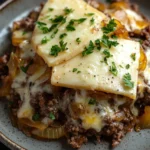 French onion beef skillet - the image shows a plate of food with a slice of lasagna on it. the lasagna is made with layers of ground beef, onions, and cheese, and is topped with a layer of melted cheese and a sprig of fresh parsley. the plate is brown and has a speckled pattern around the edges. the background is dark, making the lasagna stand out.