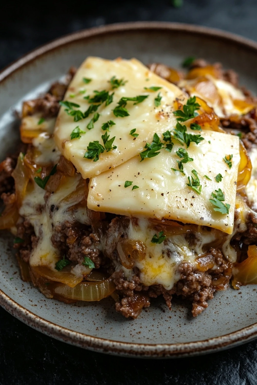 French onion beef skillet - the image shows a plate of food with a slice of lasagna on it. the lasagna is made with layers of ground beef, onions, and cheese, and is topped with a layer of melted cheese and a sprig of fresh parsley. the plate is brown and has a speckled pattern around the edges. the background is dark, making the lasagna stand out.