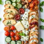 Garlic bread charcuterie board - the image is a flat lay of a platter of appetizers. the platter is rectangular in shape and is placed on a white marble countertop. on the left side of the platter, there are sliced cucumbers, cherry tomatoes, almonds, and hazelnuts arranged in a circular pattern. next to the cucumbers and almonds, there is a small bowl of red sauce. on the right side, on the bottom right corner, there appears to be a sliced loaf of bread with a dollop of feta cheese on top. the bread is golden brown and has a crumbly texture. there are also a few small bowls of nuts scattered around the plate. the platter also is garnished with fresh basil leaves, adding a pop of green color to the dish. the overall presentation is colorful and appetizing.