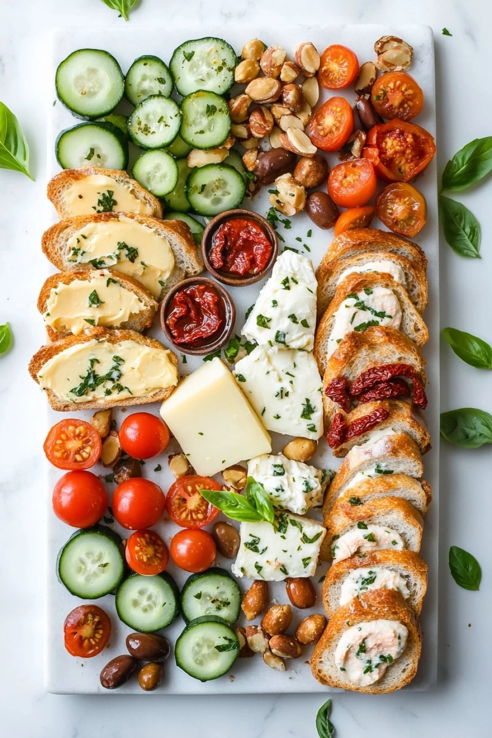 Garlic bread charcuterie board - the image is a flat lay of a platter of appetizers. the platter is rectangular in shape and is placed on a white marble countertop. on the left side of the platter, there are sliced cucumbers, cherry tomatoes, almonds, and hazelnuts arranged in a circular pattern. next to the cucumbers and almonds, there is a small bowl of red sauce. on the right side, on the bottom right corner, there appears to be a sliced loaf of bread with a dollop of feta cheese on top. the bread is golden brown and has a crumbly texture. there are also a few small bowls of nuts scattered around the plate. the platter also is garnished with fresh basil leaves, adding a pop of green color to the dish. the overall presentation is colorful and appetizing.